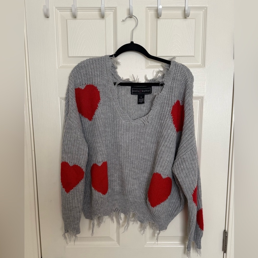 Polly & Esther Gray Sweater with Red Hearts